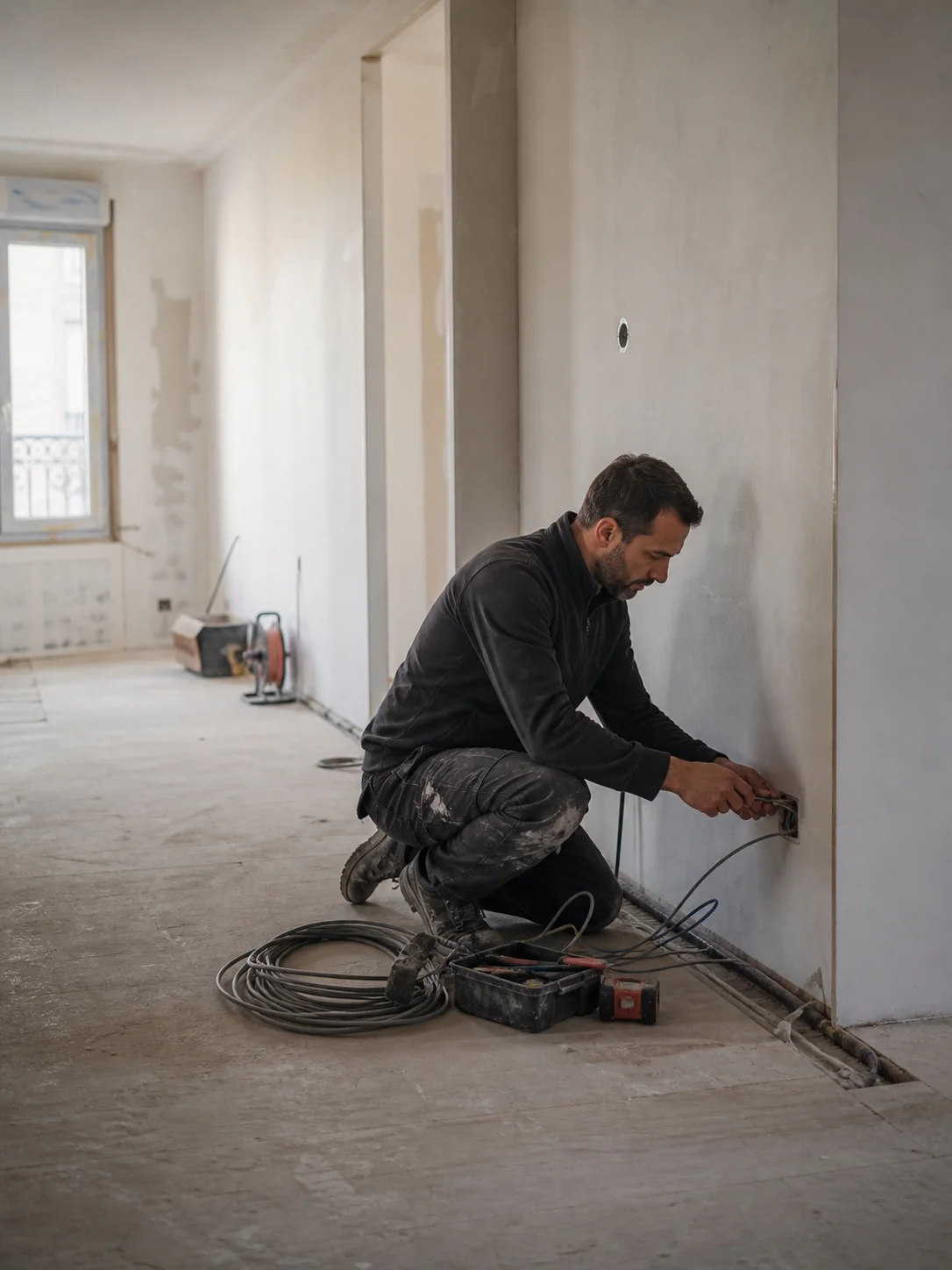 Électricien concentré sur le câblage d'une prise pendant un chantier de rénovation