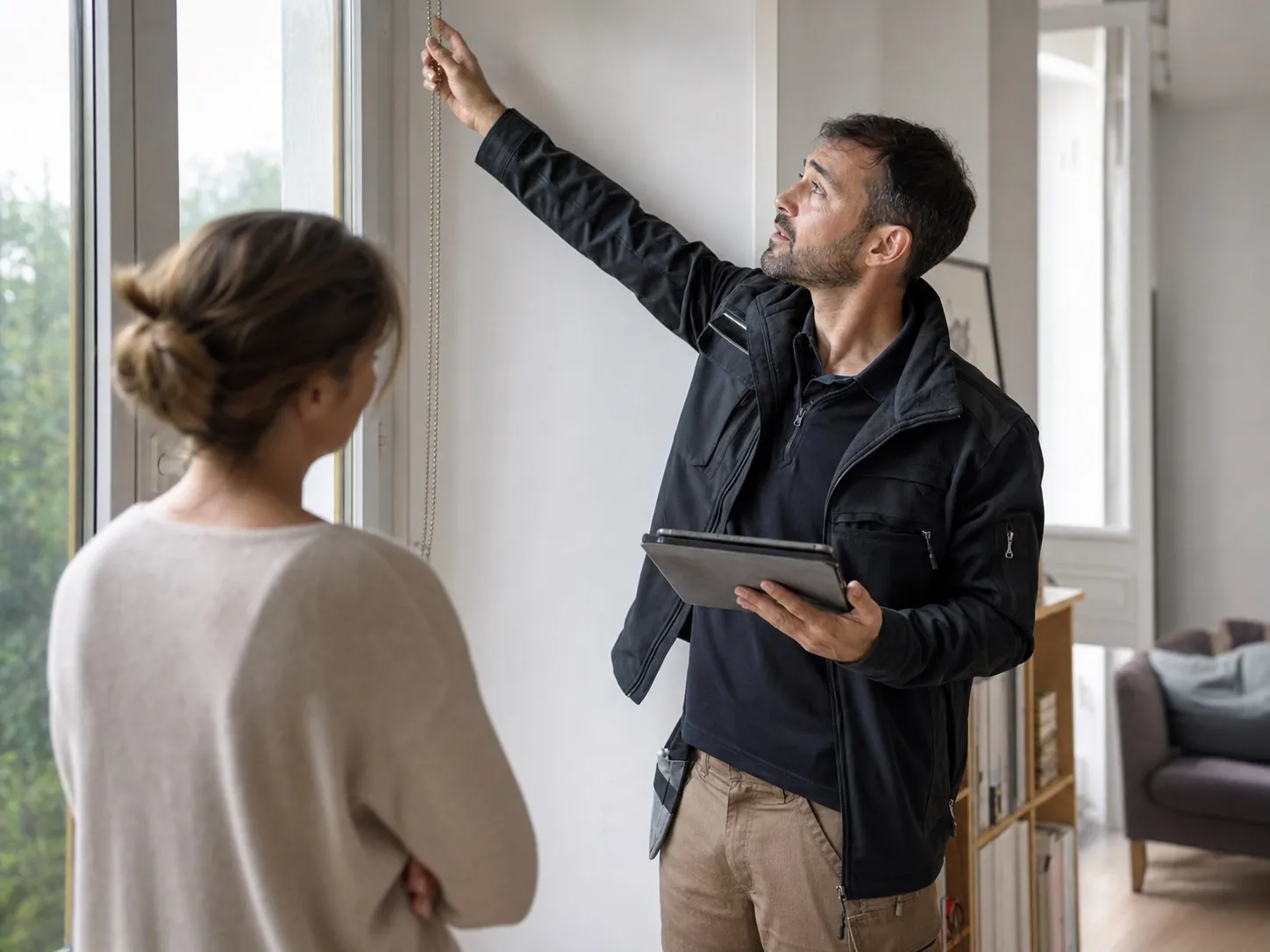 Professionnel en visite technique chez une cliente